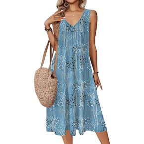 ZEAGOO Women Summer Casual Dress 2026 Sleeveless Midi Swing Tank Sundress with Pockets V Neck A Line Pleated Tshirt Dress in Kuwait
