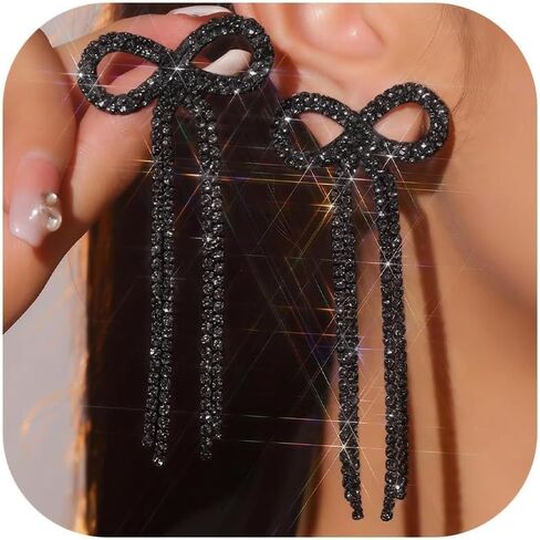 Rhinestone Bow Earrings Trendy Long Tassel Pink Bow Earrings for Women Wedding Bridal Earrings Party Silver Prom Earrings for Birthday Jewelry Gifts in Kuwait