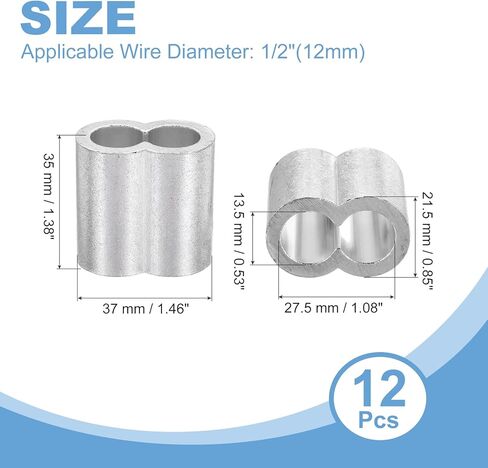 uxcell 1/2"(12mm) Aluminum Crimping Loop Sleeve, Double Hole Cable Ferrule for Wire Rope, Silver 12Pcs in Saudi Arabia