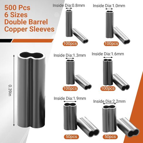 Therwen 500 Pcs Mini Double Barrel Copper Sleeves 6 Different Sizes High Strength Brass Copper Fishing Line Crimping Kit Fishing Line Connector Kit, Size 0.8-2.2 ID mm in Saudi Arabia