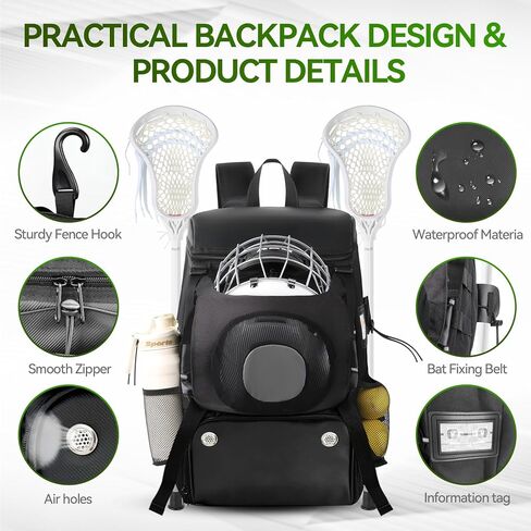 حقيبة لاكروس مع حامل خوذة وحجرة مربط جيدة التهوية، حاملان للعصا وفصل رطب/جاف، حقيبة ظهر لاكروس متينة مقاومة للماء، مقاس 20 × 14 × 9 بوصة هدية مثالية لاكروس للأولاد والبنات in Kuwait