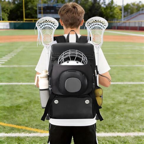حقيبة لاكروس مع حامل خوذة وحجرة مربط جيدة التهوية، حاملان للعصا وفصل رطب/جاف، حقيبة ظهر لاكروس متينة مقاومة للماء، مقاس 20 × 14 × 9 بوصة هدية مثالية لاكروس للأولاد والبنات in Kuwait