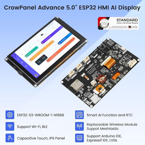 شاشة ELECROW ESP32 مقاس 800×480، شاشة لمس HMI متقدمة ESP32 IPS مقاس 5 بوصات مع حافظة أكريليك، تدعم تفاعل الكلام AI، معالج ثنائي النواة 32 بت LX7، حتى 240 ميجا هرتز، متوافق مع Arduino، ESP-IDF in Kuwait