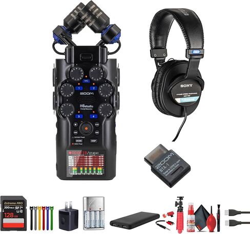 مسجل مفيد H6studio من Zoom، مسجل صوت محمول بـ 6 مسارات مع تعويم 32 بت، حزمة ميكروفونات X/Y كبيرة مع سماعات رأس استريو احترافية MDR-7506 + محول بلوتوث BTA-1 + حامل ثلاثي القوائم + المزيد in Saudi Arabia