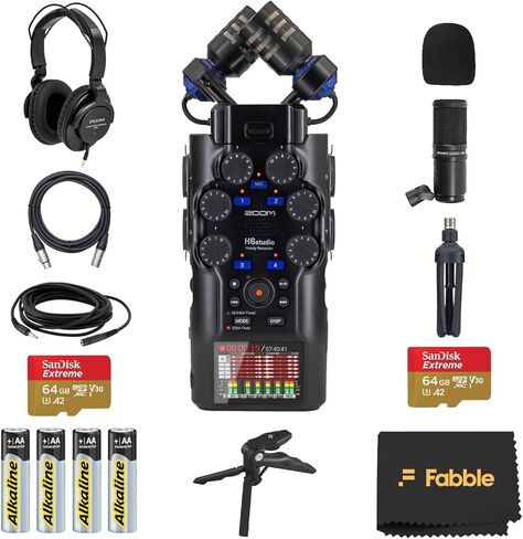حزمة مسجل Zoom H6studio سهلة الاستخدام مع حزم ميكروفون بودكاست ZDM-1، وسماعات الرأس، وحوامل الطاولة، وكابلات XLR، والشاشات الأمامية، وبطاقات ذاكرة 2X، والبطاريات، والملحقات in Saudi Arabia
