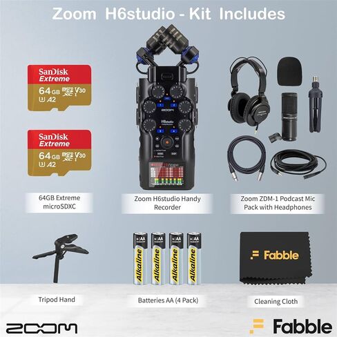 حزمة مسجل Zoom H6studio سهلة الاستخدام مع حزم ميكروفون بودكاست ZDM-1، وسماعات الرأس، وحوامل الطاولة، وكابلات XLR، والشاشات الأمامية، وبطاقات ذاكرة 2X، والبطاريات، والملحقات in Saudi Arabia