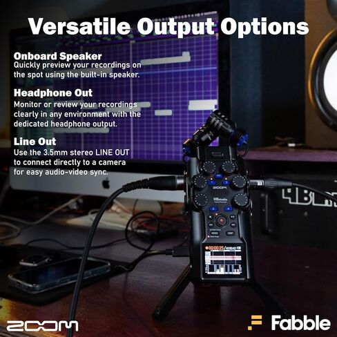 حزمة مسجل Zoom H6studio سهلة الاستخدام مع حزم ميكروفون بودكاست ZDM-1، وسماعات الرأس، وحوامل الطاولة، وكابلات XLR، والشاشات الأمامية، وبطاقات ذاكرة 2X، والبطاريات، والملحقات in Saudi Arabia