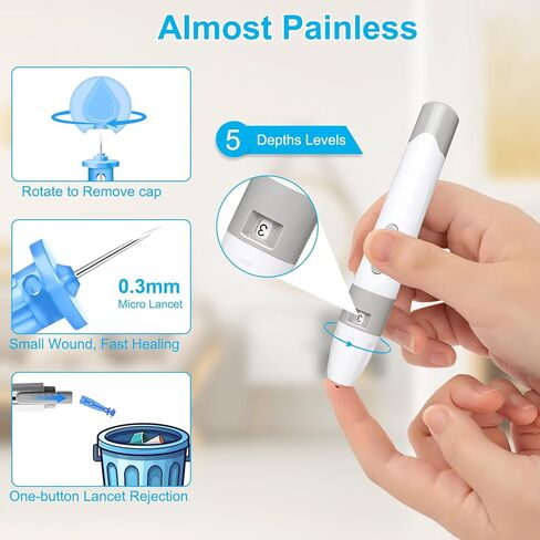 طقم مراقبة جلوكوز الدم، طقم اختبار سكر الدم مع 50 شريط اختبار سكر الدم، 50 مشرط 33 جرام غير مؤلم، 1 مقياس جلوكوز الدم، 1 جهاز وخز، دقة طبية، نتائج 5 ثوانٍ، بدون ترميز وإخراج تلقائي، مجموعة أدوات قياس السكر لاختبار مرض السكري للمنزل/ in Kuwait