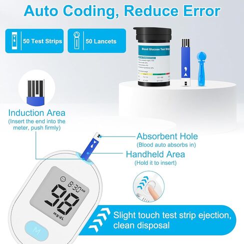طقم مراقبة جلوكوز الدم، طقم اختبار سكر الدم مع 50 شريط اختبار سكر الدم، 50 مشرط 33 جرام غير مؤلم، 1 مقياس جلوكوز الدم، 1 جهاز وخز، دقة طبية، نتائج 5 ثوانٍ، بدون ترميز وإخراج تلقائي، مجموعة أدوات قياس السكر لاختبار مرض السكري للمنزل/ in Kuwait