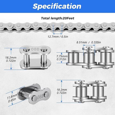 428 Roller Chain 20 Feet 478 Links, 08B Simplex Roller Chain for Chain Driven Sliding Gate Garage Openers, Extension 08B Metric Standard 428#, Includes Chain Breaker and 12 Connecting Links in Kuwait