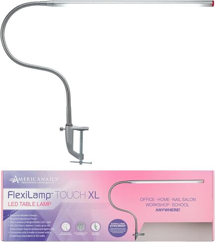 Americanails Flexilamp Touch XL - مصباح مكتب الجدول LED - المشبك القابل للإزالة - إضاءة قابلة للتعديل لمحطات الأظافر - مصباح طاولة مانيكير - ذراع مرنة - 3 مستويات السطوع - مستشعر اللمس - 400 شمعة in Kuwait