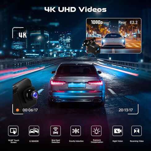 4K Mirror Dash Cam الأمامي والخلفي ، Hodozzy 11.26 بوصة IPS شاشة اللمس الكاميرا الخلفية المرآة ، مع مستشعر G ، شاشة للسيارات على مدار 24 ساعة ، رؤية ليلية ، مقاومة للماء+1080 بكسل كاميرا خلفية in Kuwait