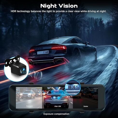 4K Mirror Dash Cam الأمامي والخلفي ، Hodozzy 11.26 بوصة IPS شاشة اللمس الكاميرا الخلفية المرآة ، مع مستشعر G ، شاشة للسيارات على مدار 24 ساعة ، رؤية ليلية ، مقاومة للماء+1080 بكسل كاميرا خلفية in Kuwait