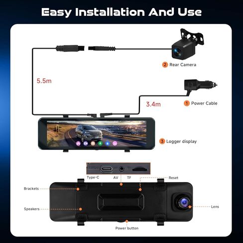 4K Mirror Dash Cam الأمامي والخلفي ، Hodozzy 11.26 بوصة IPS شاشة اللمس الكاميرا الخلفية المرآة ، مع مستشعر G ، شاشة للسيارات على مدار 24 ساعة ، رؤية ليلية ، مقاومة للماء+1080 بكسل كاميرا خلفية in Kuwait