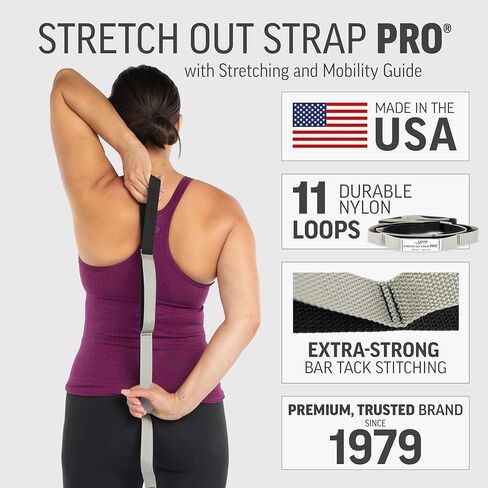 OPTP Stretch Out Strap Pro with Stretching Exercise Book, 11 Loop Stretching Strap for Yoga and Pilates, Physical Therapy Strap for Leg and Knee Recovery. Made in the USA in Saudi Arabia