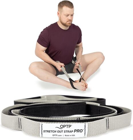 OPTP Stretch Out Strap Pro with Stretching Exercise Book, 11 Loop Stretching Strap for Yoga and Pilates, Physical Therapy Strap for Leg and Knee Recovery. Made in the USA in Saudi Arabia