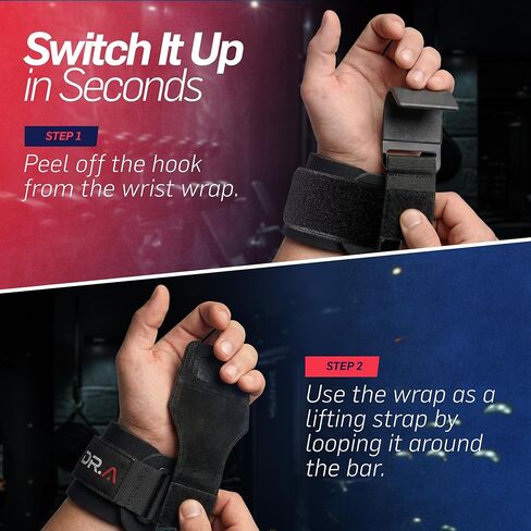أشرطة رفع 2 في 1 من دكتور مطور + مقابض صالة الألعاب الرياضية، قم بتبديل الخطاف إلى الحزام في ثوانٍ، أغطية معصم عالية التحمل لرفع الأثقال من أجل عمليات السحب والتجاهل والرفع الميت والمصاعد الثقيلة، أسود (زوج) in Kuwait