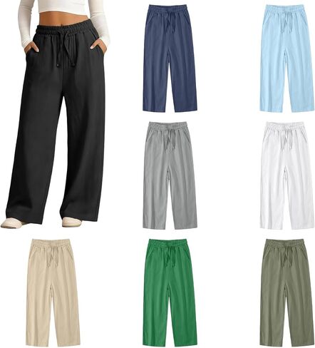 Girl's Wide Leg Sports Pants Cotton Linen Drawstring Elastic Waist Palazzo Pants with Pockets Casual Outgoing Trousers 4-13Y in Saudi Arabia