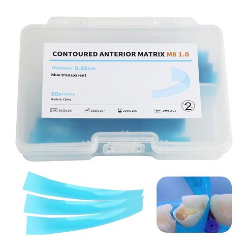 Dental Contoured Anterior Matrix Bands Resin Forming Strip Matrix Strips Length Blue Transparent Contoured Anterior Matrix M8 1.0 50 Pcs/Box in Kuwait