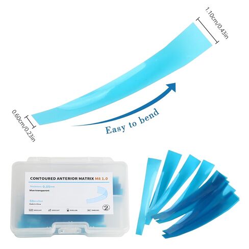 Dental Contoured Anterior Matrix Bands Resin Forming Strip Matrix Strips Length Blue Transparent Contoured Anterior Matrix M8 1.0 50 Pcs/Box in Kuwait