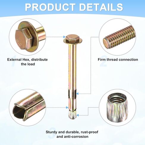 10-Pack Hex Expansion Bolt, M8x100mm Colored Galvanized Iron-Carbon Steel External Hex Expansion Bolts W/ 14mm Wrench, Anti-Corrosion Metal Bolt for Concrete/Dry Brick/Block Walls in Saudi Arabia
