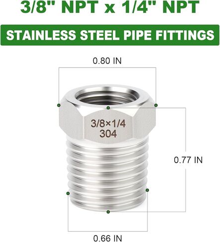 TAISHER 2PCS 304 Stainless Steel New Reducer Hex Bushing, 1/4" NPT Male x 1/8" NPT Female, Reducing Pipe Adapter Fitting in Saudi Arabia