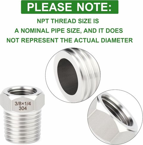 TAISHER 2PCS 304 Stainless Steel New Reducer Hex Bushing, 1/4" NPT Male x 1/8" NPT Female, Reducing Pipe Adapter Fitting in Saudi Arabia