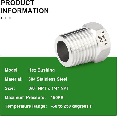TAISHER 2PCS 304 Stainless Steel New Reducer Hex Bushing, 1/4" NPT Male x 1/8" NPT Female, Reducing Pipe Adapter Fitting in Saudi Arabia