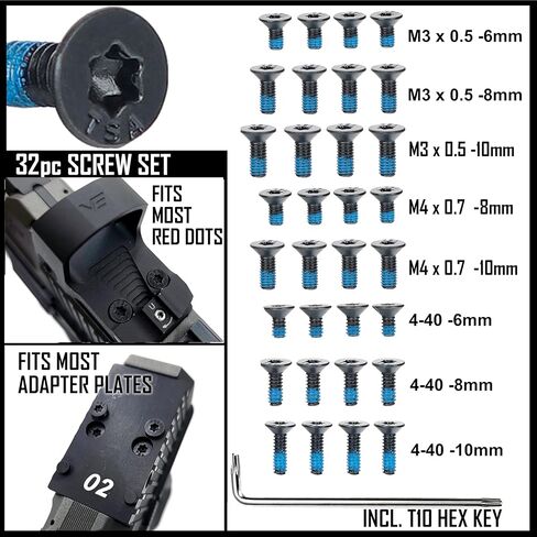 TSA® 32-Piece Screw Set for Red Dot Optics & Adapter Plates – Fits Trijicon®, Holosun®, Vortex®, Shield®, Docter®, Vector Optics® – Pre-Applied Threadlocker – Includes T10 Hex Key in Kuwait