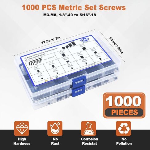 1000 Pcs 24 Size Set Screw Assortment Kit -Metric Screw Assortment and SAE Allen Set Screws for Bathroom Fixtures, M3-M8, 1/8"-40 to 5/16"-18 Internal Hex Drive Headless Set Screws in Saudi Arabia