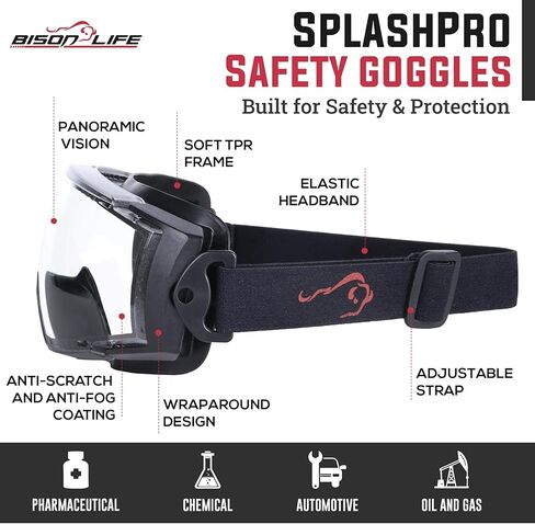 BISON LIFE SplashPro، نظارات أمان فوق النظارات، نظارات أمان مضادة للضباب ANSI Z87.1، مقاومة للصدمات والخدش، حماية العين فوق النظارات الطبية، حزام قابل للتعديل، نظارات المختبر والعمل in Kuwait