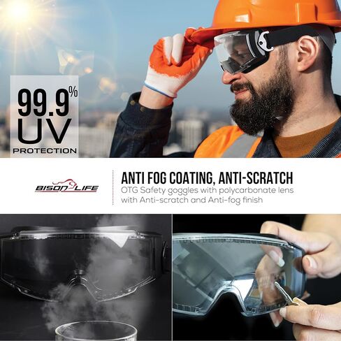 BISON LIFE SplashPro، نظارات أمان فوق النظارات، نظارات أمان مضادة للضباب ANSI Z87.1، مقاومة للصدمات والخدش، حماية العين فوق النظارات الطبية، حزام قابل للتعديل، نظارات المختبر والعمل in Kuwait