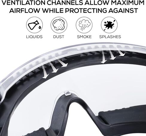 BISON LIFE SplashPro، نظارات أمان فوق النظارات، نظارات أمان مضادة للضباب ANSI Z87.1، مقاومة للصدمات والخدش، حماية العين فوق النظارات الطبية، حزام قابل للتعديل، نظارات المختبر والعمل in Kuwait