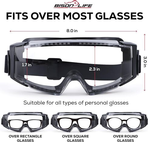BISON LIFE SplashPro، نظارات أمان فوق النظارات، نظارات أمان مضادة للضباب ANSI Z87.1، مقاومة للصدمات والخدش، حماية العين فوق النظارات الطبية، حزام قابل للتعديل، نظارات المختبر والعمل in Kuwait