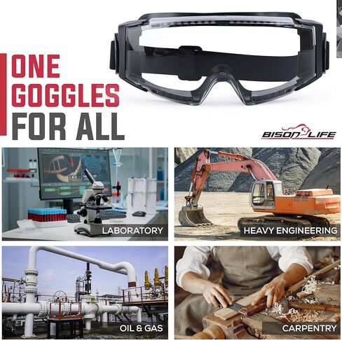 BISON LIFE SplashPro، نظارات أمان فوق النظارات، نظارات أمان مضادة للضباب ANSI Z87.1، مقاومة للصدمات والخدش، حماية العين فوق النظارات الطبية، حزام قابل للتعديل، نظارات المختبر والعمل in Kuwait