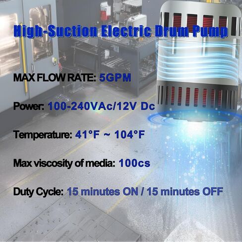 Electric Drum Pump (120V AC / 12V DC), 5 GPM flow fuel pump, for DEF, diesel, water, antifreeze with a 6.6ft hose, 2'' bung adapter, and 34-49in telescoping suction tube for 55-gallon barrels. in Kuwait