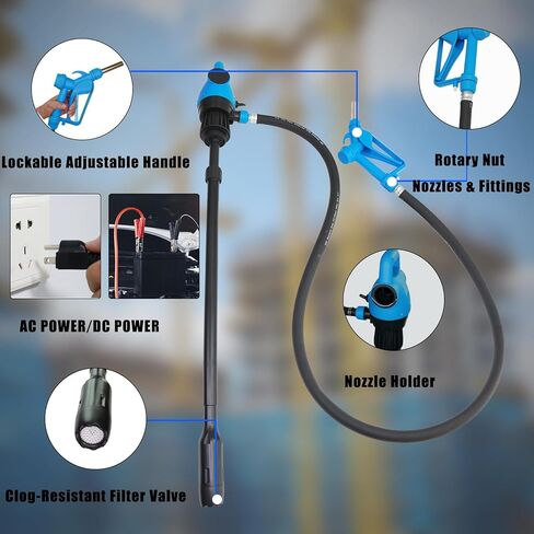 Electric Drum Pump (120V AC / 12V DC), 5 GPM flow fuel pump, for DEF, diesel, water, antifreeze with a 6.6ft hose, 2'' bung adapter, and 34-49in telescoping suction tube for 55-gallon barrels. in Kuwait