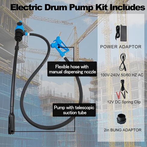Electric Drum Pump (120V AC / 12V DC), 5 GPM flow fuel pump, for DEF, diesel, water, antifreeze with a 6.6ft hose, 2'' bung adapter, and 34-49in telescoping suction tube for 55-gallon barrels. in Kuwait