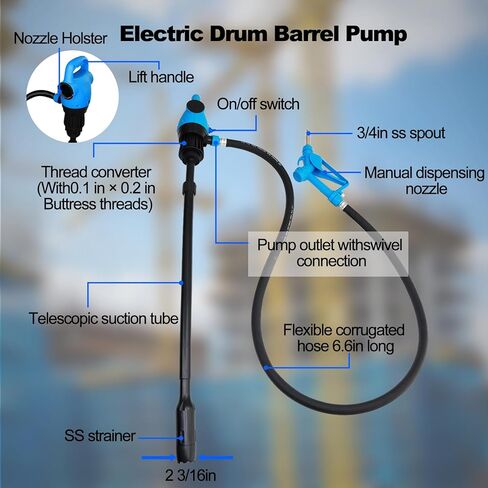 Electric Drum Pump (120V AC / 12V DC), 5 GPM flow fuel pump, for DEF, diesel, water, antifreeze with a 6.6ft hose, 2'' bung adapter, and 34-49in telescoping suction tube for 55-gallon barrels. in Kuwait