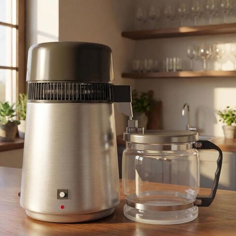 4L Stainless Steel Countertop Distilled Water Purifier, Glass Container Distilled Water Maker, Silver - Ideal for Home, Office, Lab, Aquarium Use in Saudi Arabia