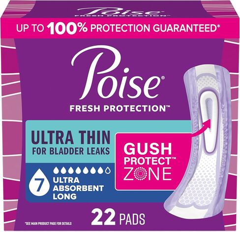 Poise Ultra Thin Incontinence & Postpartum Pads for Bladder Leaks, 7 Drop Ultra Absorbency, Long Length, 22 Count (Packaging May Vary) in Kuwait