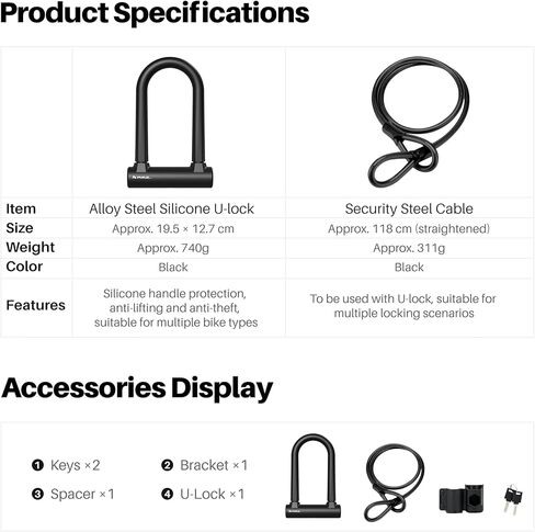 Heavy-Duty U Lock for Bike & E-Bike – Anti Bolt Cutter Steel Bike Lock with Frame Mount, Secure Urban Commuter Bicycle Lock, Includes Steel Cable for Wheel Security in Saudi Arabia