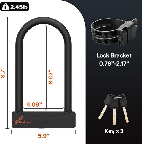 Sportneer Bike Lock - 16mm Shackle Heavy Duty Anti Theft Bike U Lock with 3 Keys - Bicycle U-Locks with Sturdy Mounting Bracket for Bike Scooter Gate, Size 8.7''x5.9'', Weight 2.45lbs in Saudi Arabia