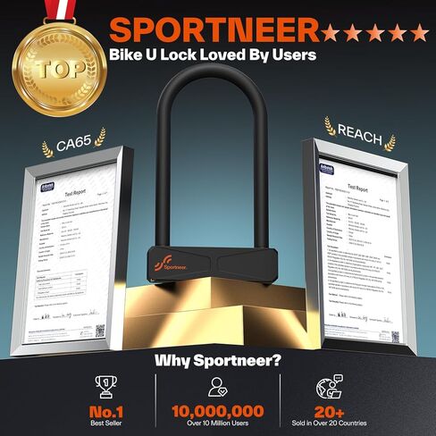 Sportneer Bike Lock - 16mm Shackle Heavy Duty Anti Theft Bike U Lock with 3 Keys - Bicycle U-Locks with Sturdy Mounting Bracket for Bike Scooter Gate, Size 8.7''x5.9'', Weight 2.45lbs in Saudi Arabia