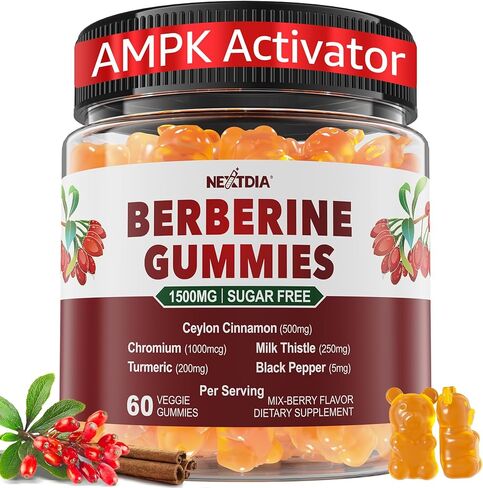 Berberine Supplement 1500mg, Sugar Free Berberine with Ceylon Cinnamon Gummies w/Chromium, Turmeric, Milk Thistle for Naturally Metabolism Balanced, Berberine HCl from Indian Barberry Extract, 60 Cts in Kuwait