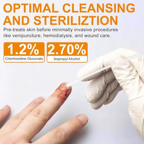 1.75ml Sterile Swabsticks with Chlorhexidine & Isopropyl Alc (Box of 48), Pre-Saturated for Skin Preparation, Injections & Wound Care, Individually Sealed in Kuwait