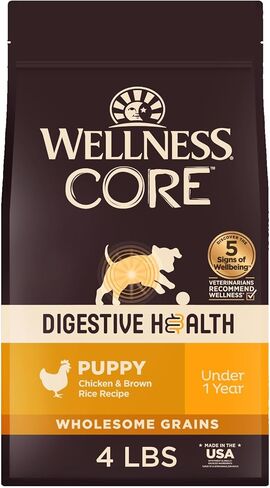 Wellness CORE Digestive Health Dry Puppy Food with Wholesome Grains, Highly Digestible, for Dogs with Sensitive Stomachs, Made in USA with Real Chicken (Puppy Under 1 Year, 4-Pound Bag) in Kuwait