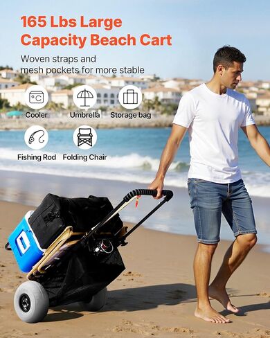 Beach Dolly with 9" Balloon Wheels, 20.1"x14.6" Cargo Deck, 165lb Capacity, Adjustable Handle (27.2-44.9"), Foldable Steel Cart for Sand & Grass in Kuwait