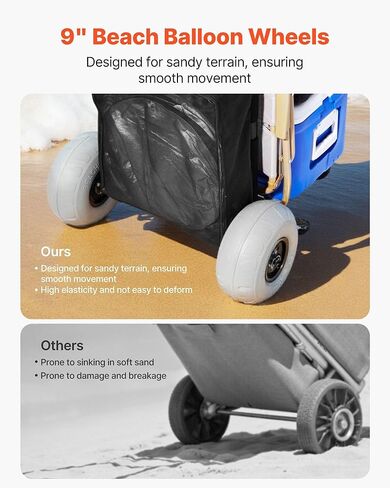 Beach Dolly with 9" Balloon Wheels, 20.1"x14.6" Cargo Deck, 165lb Capacity, Adjustable Handle (27.2-44.9"), Foldable Steel Cart for Sand & Grass in Kuwait