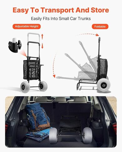 Beach Dolly with 9" Balloon Wheels, 20.1"x14.6" Cargo Deck, 165lb Capacity, Adjustable Handle (27.2-44.9"), Foldable Steel Cart for Sand & Grass in Kuwait